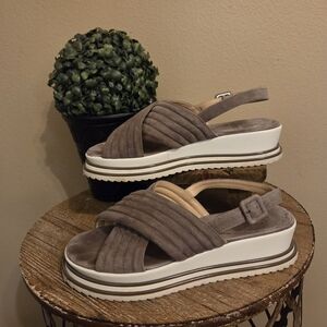 LUCA GROSSI Taupe Suede Open Toe Sling Back Platform Sandals Women's EU 38 US 8